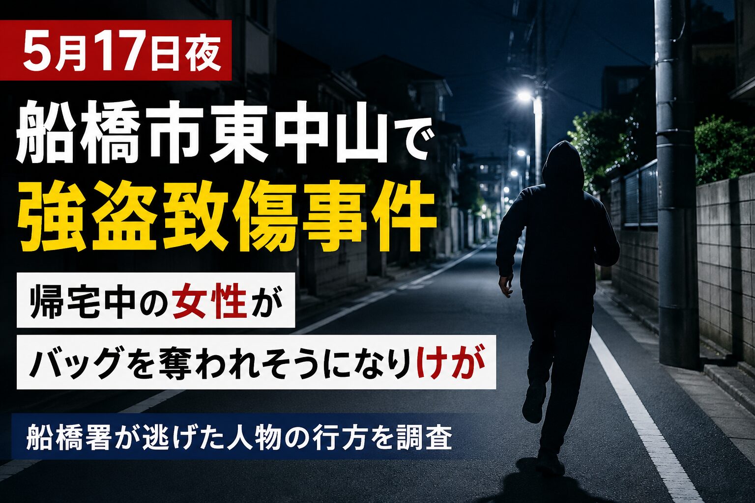 船橋市東中山で強盗致傷事件｜帰宅中の女性がバッグを奪われそうになりけが【2026年5月17日夜】