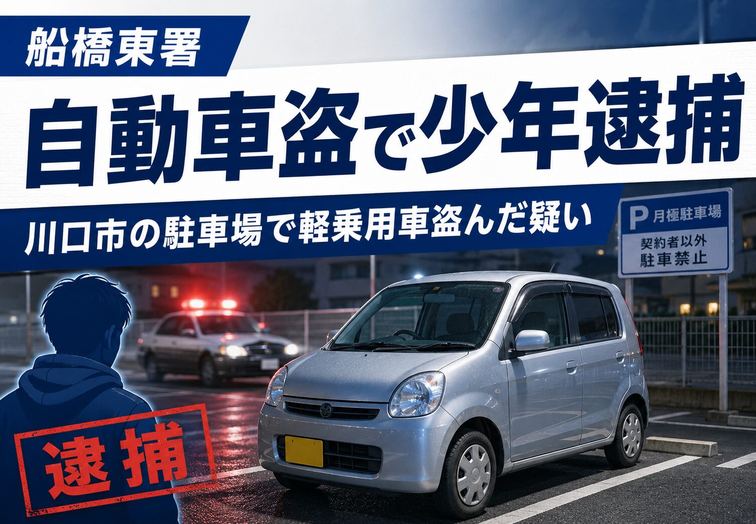 船橋東警察署が自動車盗事件で15歳少年を逮捕|川口市内の駐車場で軽乗用車を盗んだ疑い【5月26日】