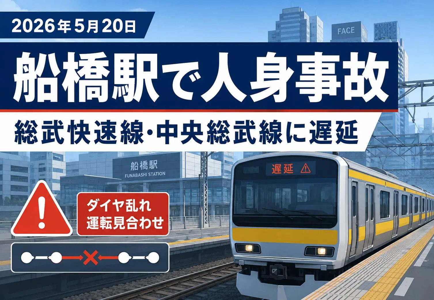 船橋駅で人身事故、総武快速線・中央総武線に遅延｜2026年5月20日朝に発生
