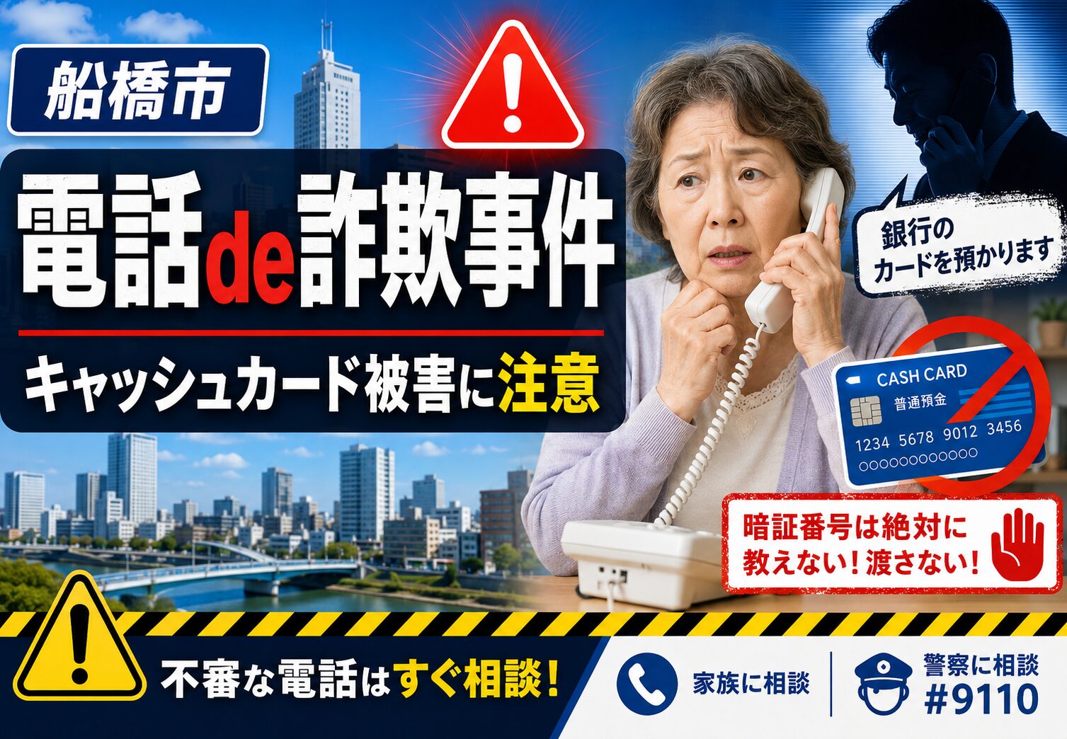 船橋東警察署管内で電話de詐欺事件が発生｜83歳女性がキャッシュカードをだまし取られる
