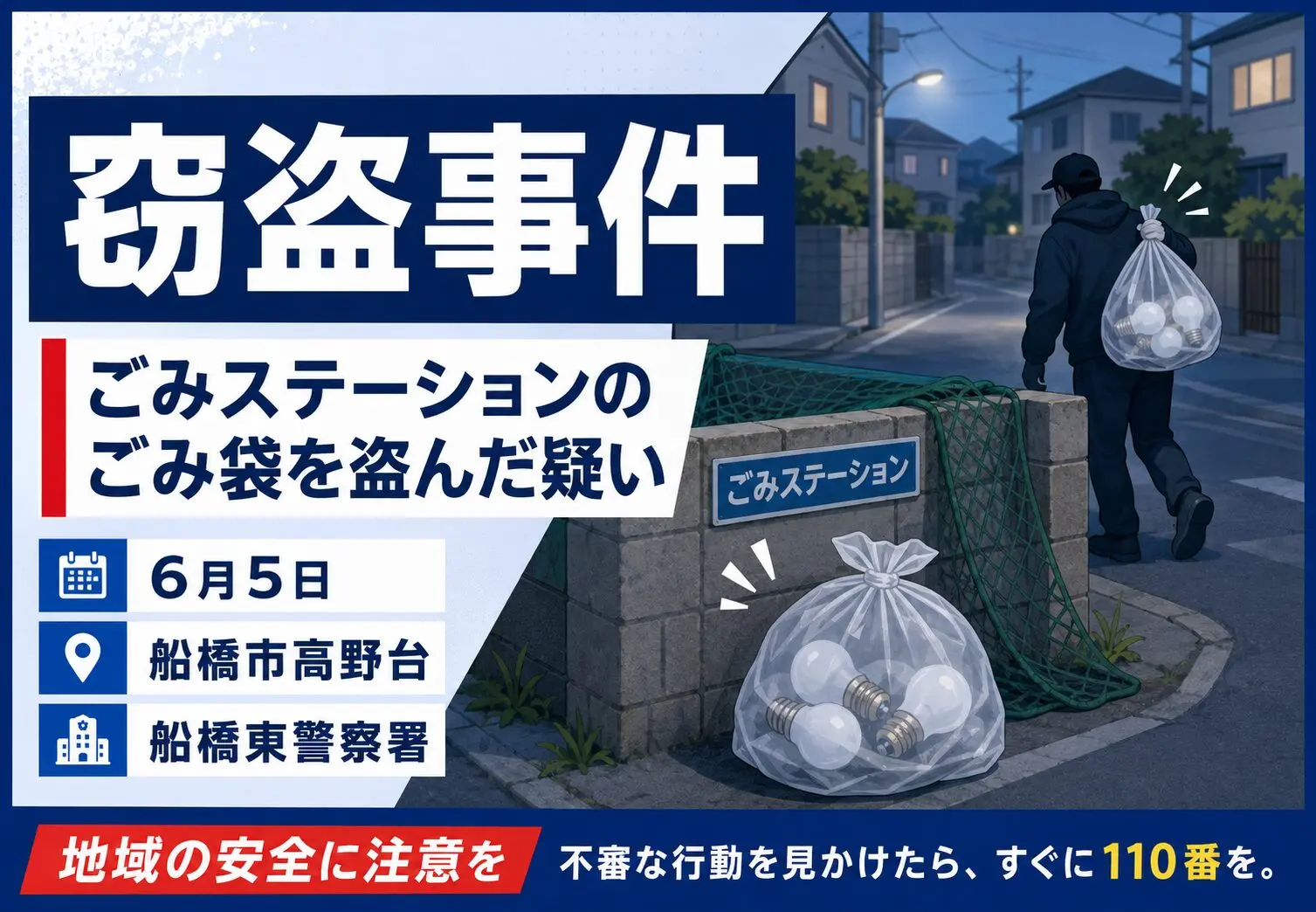 船橋市高野台のゴミステーションで窃盗事件｜電球入りごみ袋を盗んだ疑いで60歳男を逮捕【6月5日】