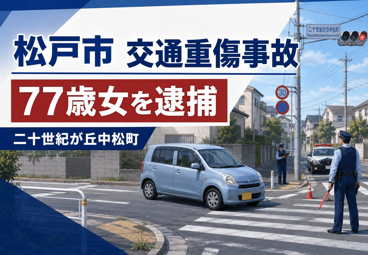 松戸市二十世紀が丘中松町で交通重傷事故！横断歩道上の80代女性がけが｜軽乗用車運転の77歳女を逮捕