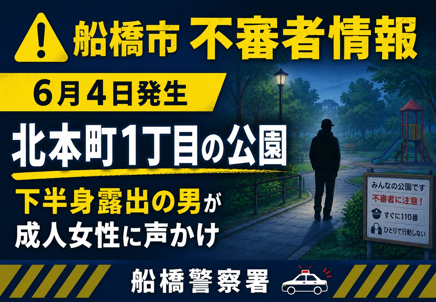 船橋市北本町1丁目の公園で不審者情報｜下半身露出の男が女性に声かけ【2026年6月4日】